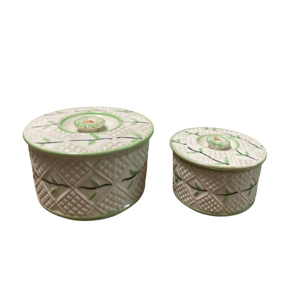 Vintage Japan Lidded Trinket Boxes Set Ceramic Vanity Boxes Hand Painted Pair